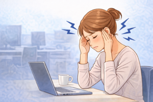 デスクワークで目の疲れが出でいる女性のイラスト